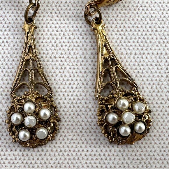 Vintage Gold Tone Filigree Dangle Earrings With Faux Seed Pearls For Pierced Ear - Picture 5 of 10